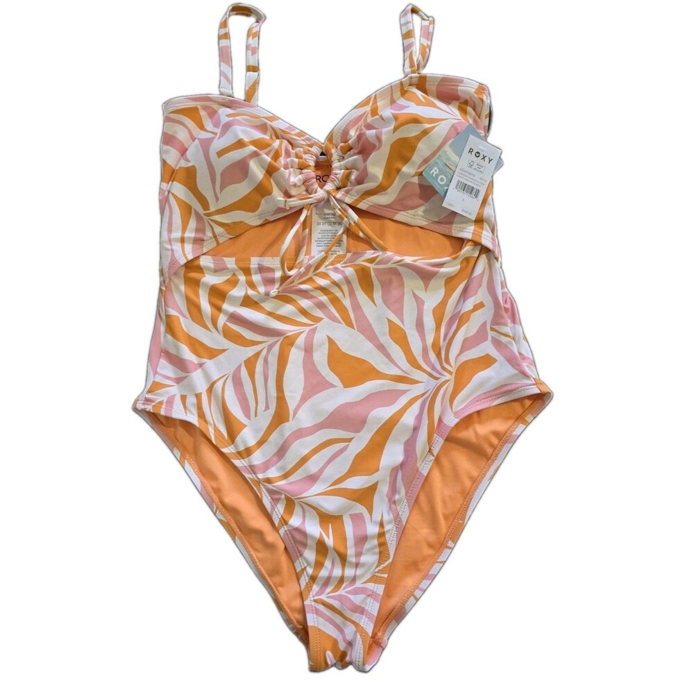 Roxy Love Tunneled Cut Out One Piece Bathing Suit Palm Print Size Large NWT